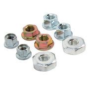 Photo of assorted Craftsman hex flange nuts, mixed finishes, SKU CMXGZAM700131, hardware set, front angle.