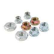 Photo of Craftsman hex flange nuts, CMXGZAM700131, assorted sizes, silver and gold finish, top angle.
