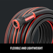 Photo of Craftsman flexible garden hose CMXMHBB16513, black with red stripes, coiled, close-up view.