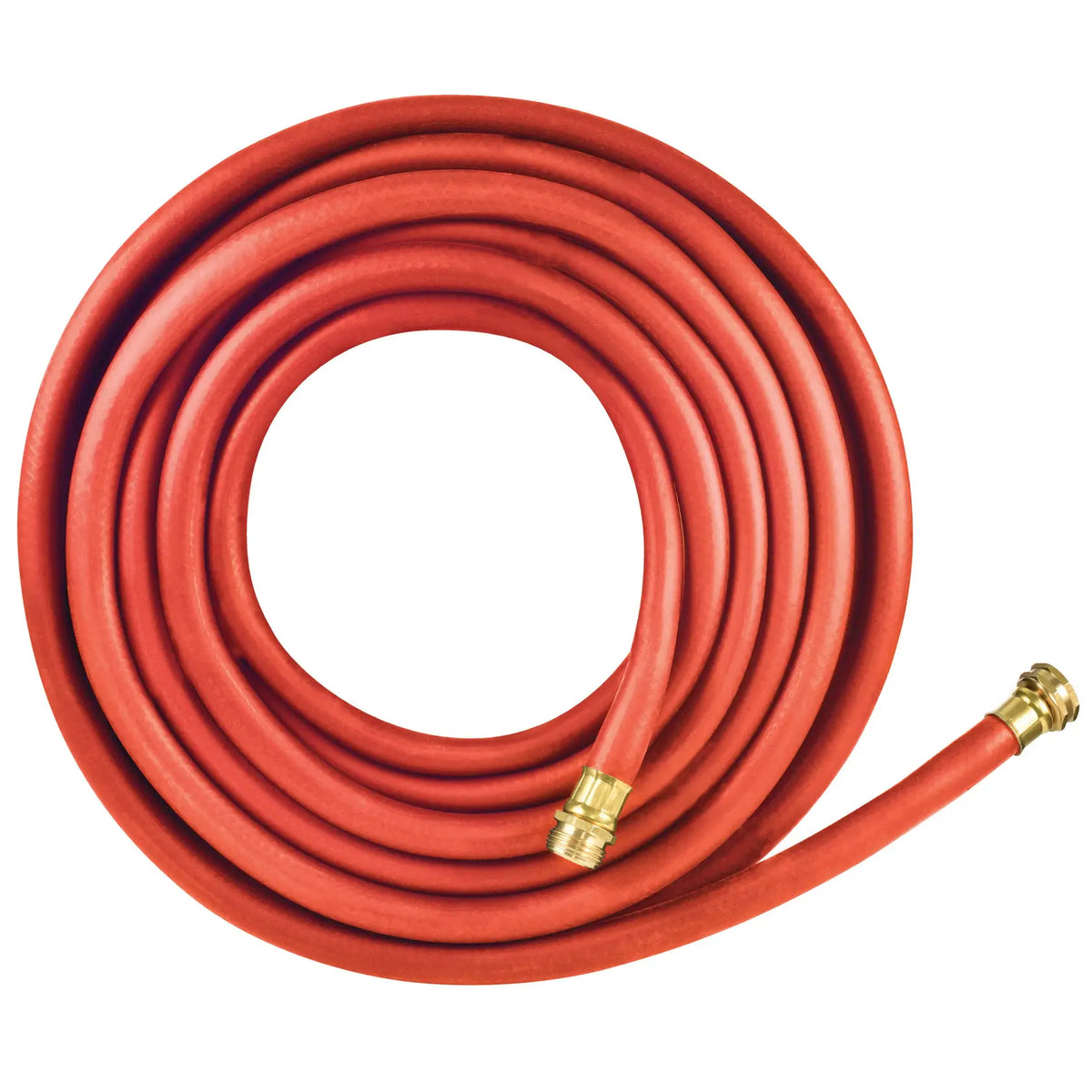 Photo of Craftsman red rubber garden hose with brass fittings, model CMXMHHF5850RL, coiled on white background.