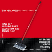 Craftsman red heavy-duty broom with 54 in. metal handle, soft bristles, SKU CMXMLBA7210A, angled view.