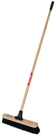 Craftsman CMXMLBA7218A push broom with wood handle and black bristles, side angle on white background.