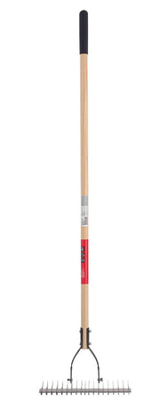 A garden rake with a long wooden handle and a metal head featuring straight tines. The handle has a black grip at the top, and the rake is shown against a white background.