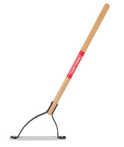 A long-handled garden tool with a wooden handle and a flat metal blade, commonly known as a scraper or hoe, designed for outdoor use. The handle features a red label with white text.