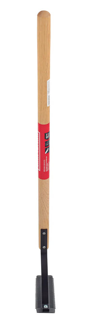 A landscaping tool with a long wooden handle and a metal head featuring a rectangular block with rows of metal teeth, designed for leveling or preparing soil.