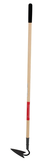 A long-handled garden hoe with a wooden shaft and a black, pointed, triangular metal blade.