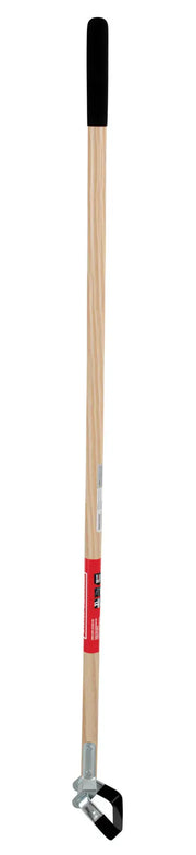 A single long-handled garden tool with a wooden shaft, black grip at the top, and a metal stirrup hoe attachment at the bottom for cultivating soil and removing weeds.