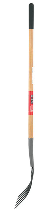 A garden tool with a long wooden handle and a black foam grip top, featuring a metal rake head with several curved tines.