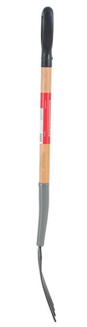 A long-handled garden cultivator with a wooden shaft, gray metal joint, black plastic grip, and three black metal prongs designed for soil aeration or weeding.
