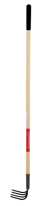 A garden rake with a long wooden handle, a black grip at the top, and four metal tines at the bottom.