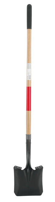 A long-handled shovel with a black blade, a wooden shaft, a red section near the middle, and a black grip at the top.