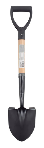 A garden shovel with a wooden handle, black D-shaped grip, and a black metal blade, photographed on a plain white background.