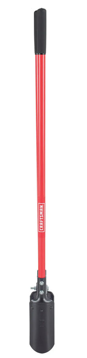 A long-handled red tool with a black grip at the top and a cylindrical metal attachment on the bottom, used for digging post holes.