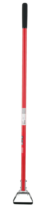 A standing garden hoe with a red handle, black grip at the top, and a triangular oscillating blade at the bottom, used for weeding and cultivating soil.