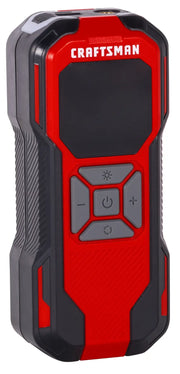 Photo of Craftsman CMXPTXA1201 red and black laser distance measurer, angled view, showing screen and control buttons.
