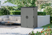 Photo of Craftsman outdoor storage cabinet SKU CMXRCSCBMSC5752 in gray, placed on patio near seating area.