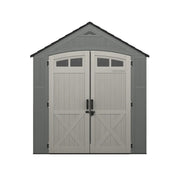 Photo of Craftsman outdoor storage shed CMXRCSCBMSC7752, gray with double doors and black handles, front angle.