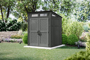Photo of Craftsman outdoor storage shed CMXRCSCBMSCM6550 with double doors in a garden setting.
