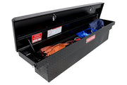 Open CRAFTSMAN black truck tool box with diamond pattern, storing various items inside on a white background.