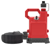 A red portable submersible utility water pump with a black nozzle and handle. The pump is accompanied by a coiled black hose and a connector, all placed on a white background.