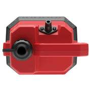 Top view of a red and black rectangular plastic fuel can with a spout and screw cap, designed for safe storage and transportation of liquids.