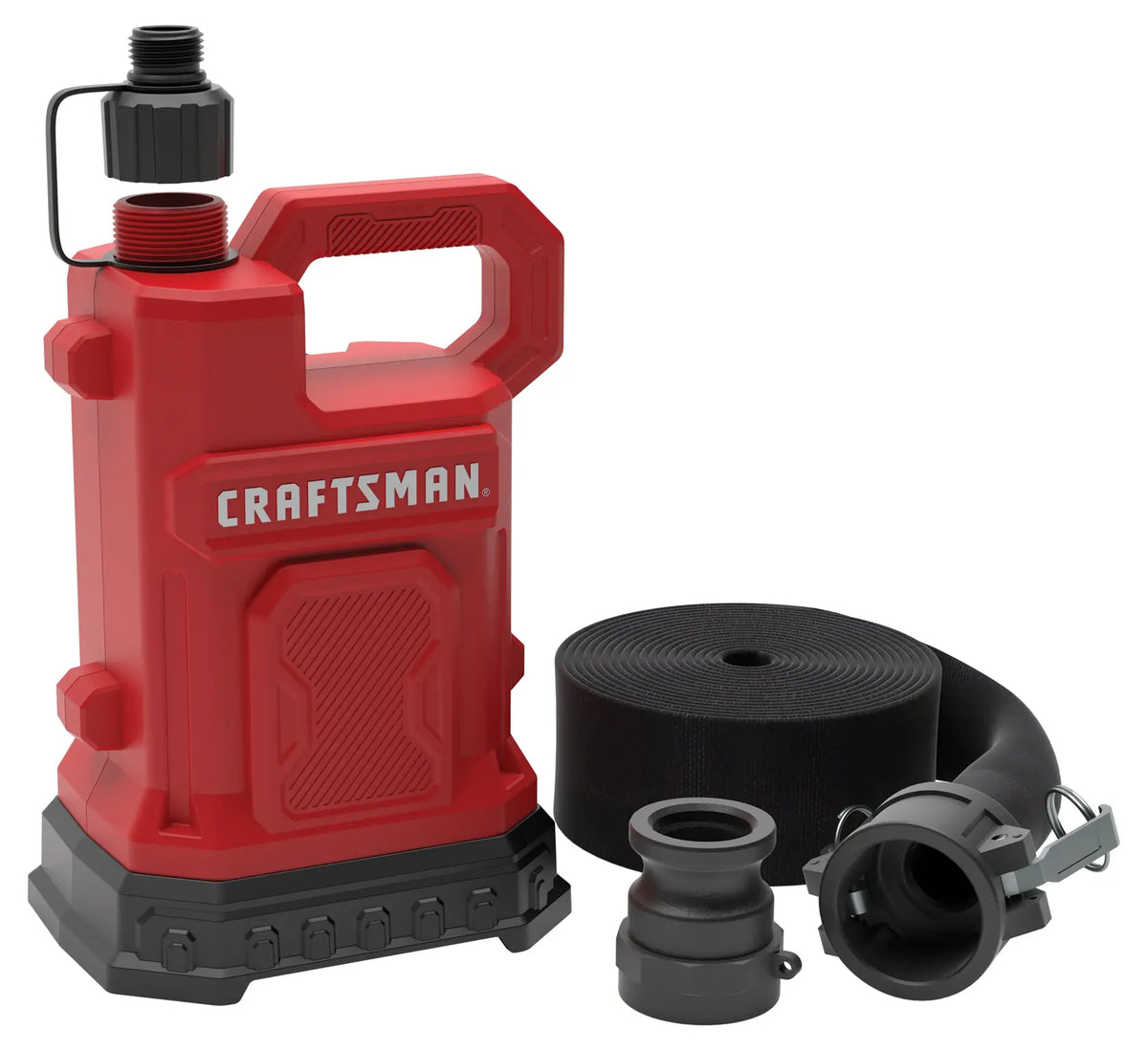 A red plastic Craftsman utility pump with a black screw cap, a black hose rolled up, and two black hose fittings placed beside it. The pump has a handle on top for carrying.