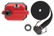Top view of a red water pump with a handle, accompanied by a rolled black hose, a circular coupling, and a hose connector with metal clips. The items are arranged on a white background.