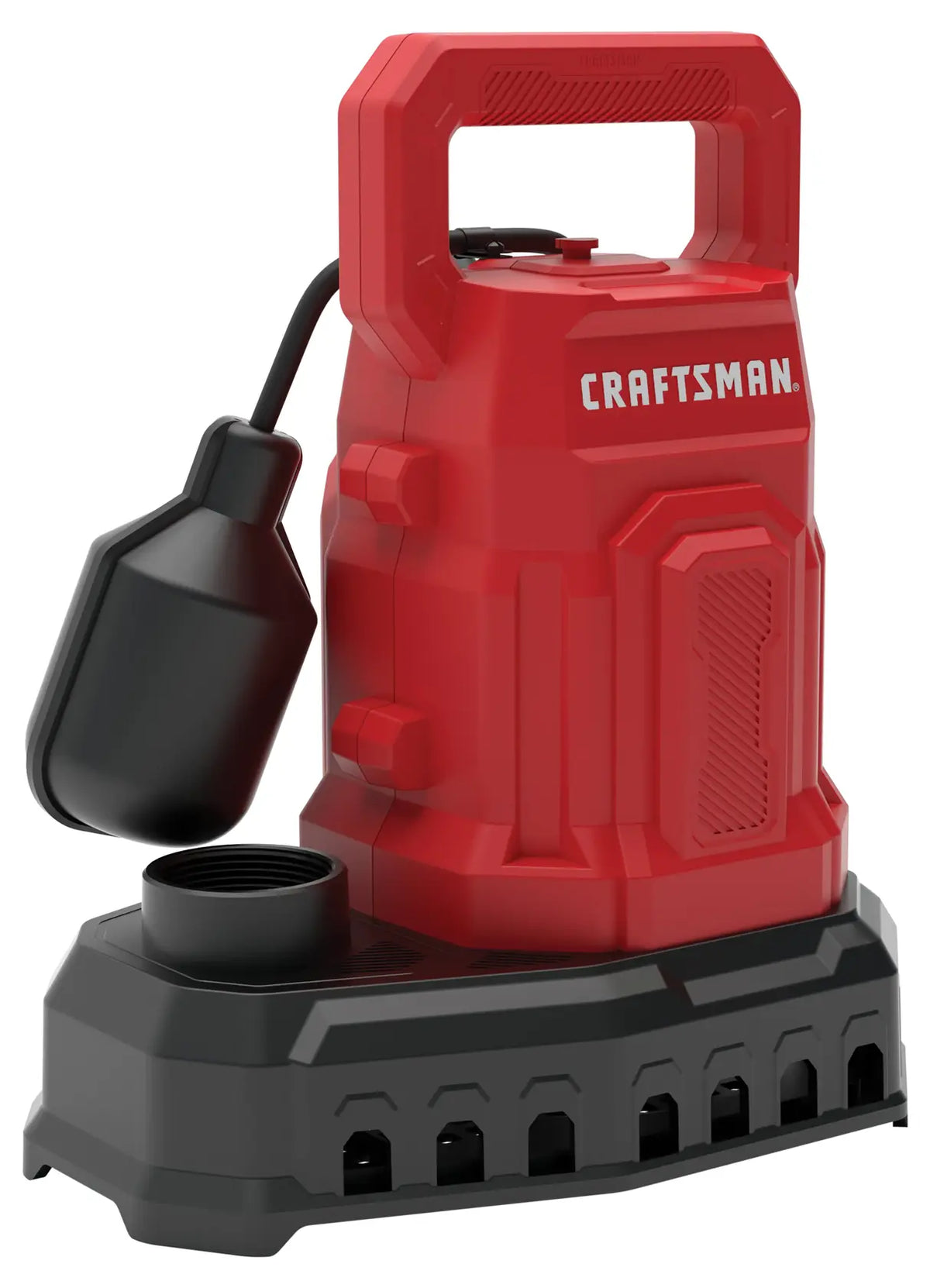 A red and black Craftsman submersible water pump with a built-in handle and a float switch. The pump is designed for removing water and has a sturdy base for stability.