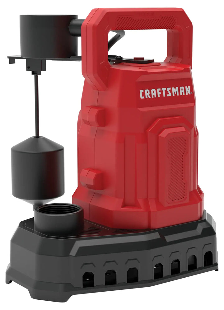 A red and black Craftsman branded sump pump with a vertical float switch attached, designed for water removal in basements or crawl spaces.
