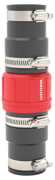 A close-up image of a Craftsman connector fitting with a red central section and black ends, secured by four metal hose clamps. The connector is designed for pipe or hose connections and has a cylindrical shape.