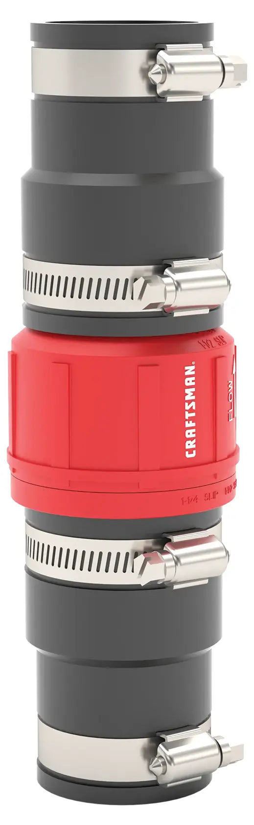 A close-up image of a Craftsman connector fitting with a red central section and black ends, secured by four metal hose clamps. The connector is designed for pipe or hose connections and has a cylindrical shape.