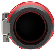 Close-up view of the front side of a red and black camera lens adapter, featuring a metallic latch on the left side.