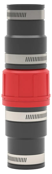 A photography lens with a cylindrical shape, featuring black and silver segments and a prominent red ring in the middle, shown against a white background.