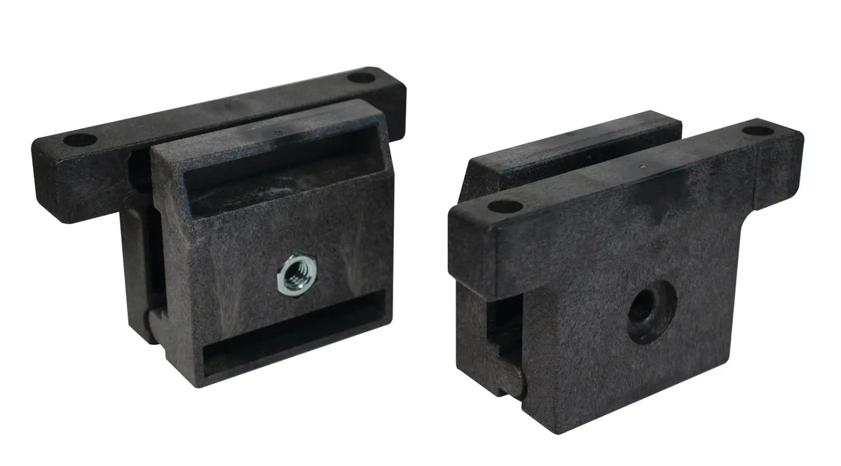 Pair of black plastic mounting brackets with screw holes, white background beauty shot, front angle