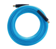 Blue coiled air hose with black metal connectors, white background beauty shot, top view.