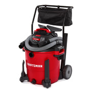 Photo of Craftsman wet/dry vacuum CMXZVBE37035, red and black, front angle with hose and accessories.