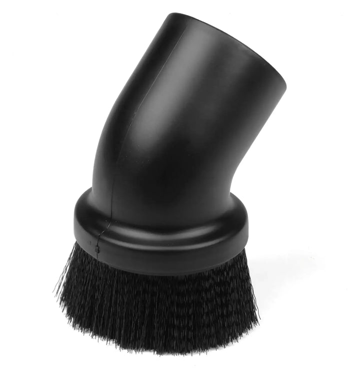 A black round brush attachment for a vacuum cleaner, shown against a white background. The brush has a cylindrical angled plastic body and dense bristles.