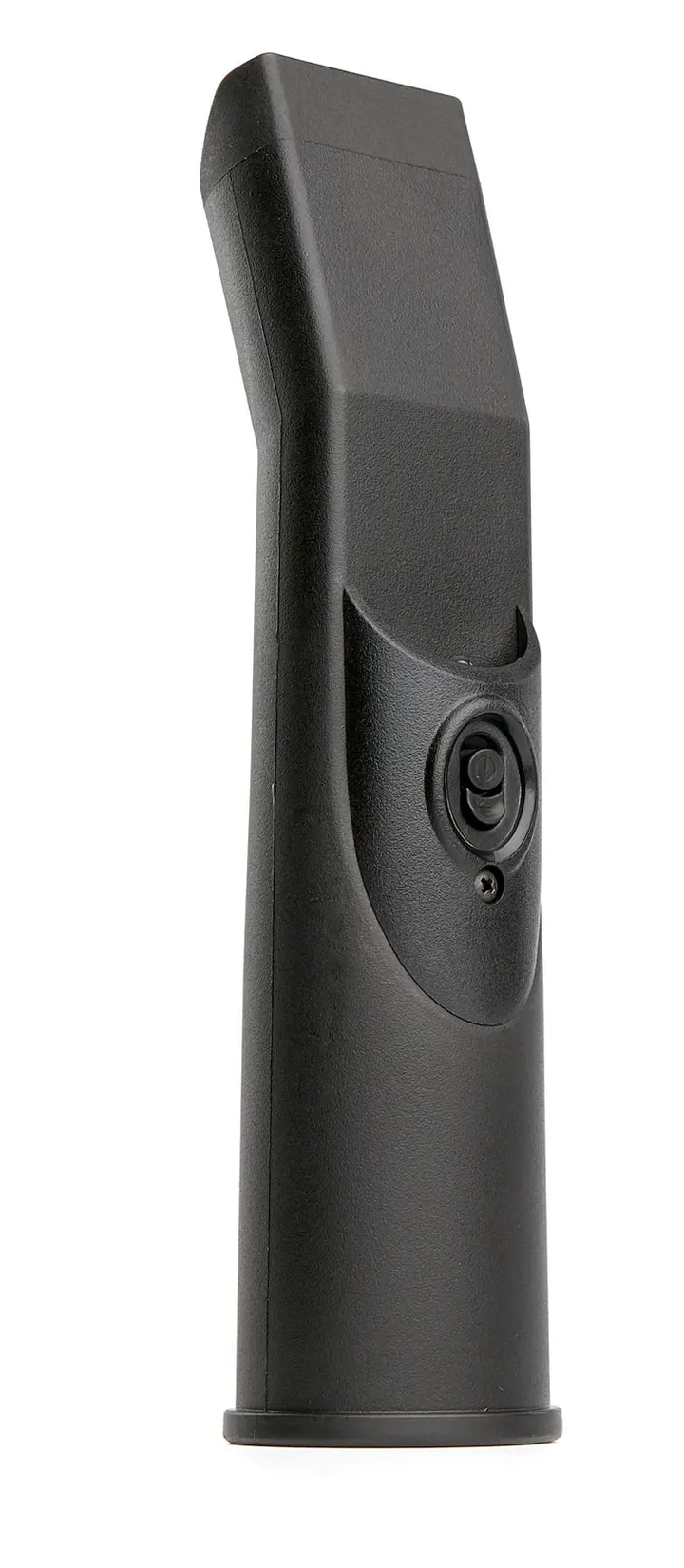 A black, plastic camera battery grip with a textured finish and control button, standing upright on a white background.