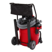 Photo of Craftsman wet/dry vacuum CMXZVBE38606, red with wheels, hose, accessory bag, rear angle on white.