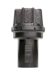 Black cylindrical vacuum filter with mesh sides, white background beauty shot, front angle.
