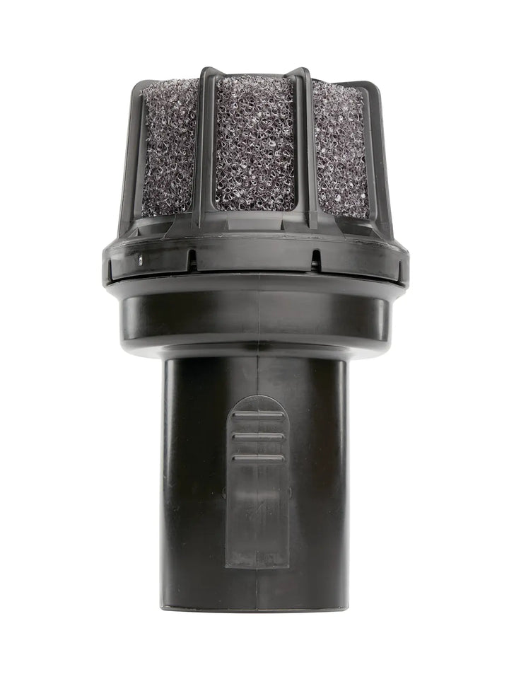 Black cylindrical vacuum filter with mesh sides, white background beauty shot, front angle.