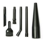 A set of six black plastic vacuum cleaner accessories, including various brush heads, extension tubes, a crevice tool, and a wide nozzle, arranged on a white background.