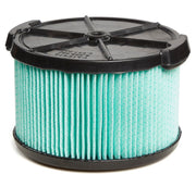 A cylindrical green air filter with pleated paper and black plastic end caps, shown against a white background.