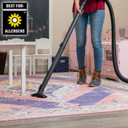 CRAFTSMAN CMXZVBE38740 graphics showing vacuum cleaning debris on a colorful rug in a playroom.