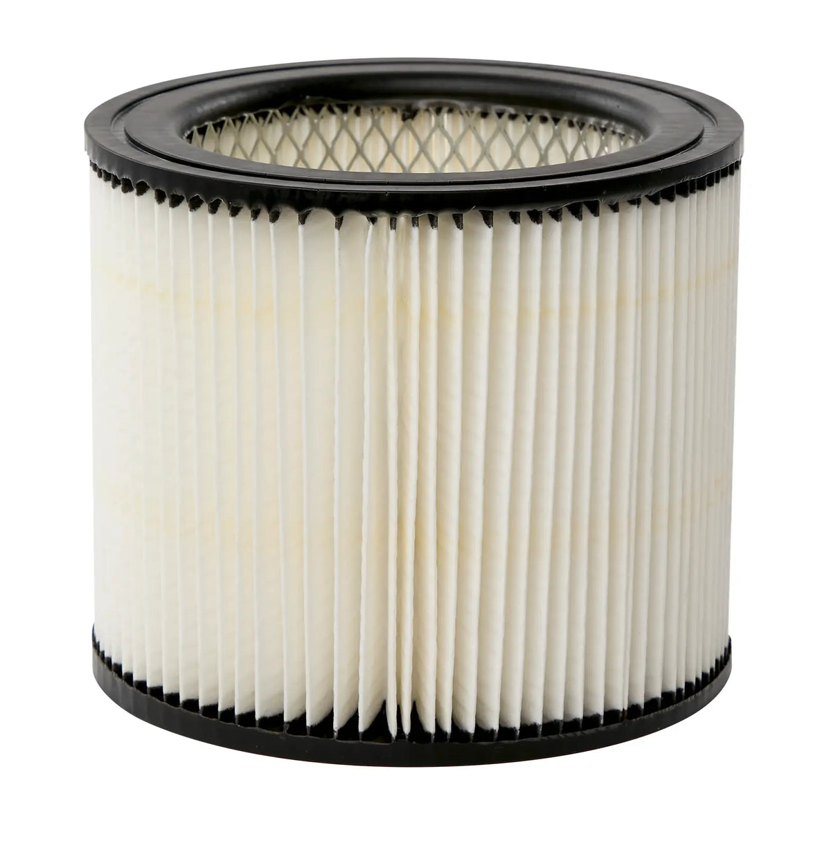 A cylindrical pleated paper air filter with black plastic trim, shown against a white background.