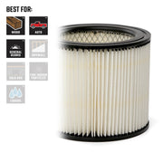 Photo of Craftsman pleated vacuum filter CMXZVBE38752, shown at an angle, with icons indicating best for wood, auto, and general debris.