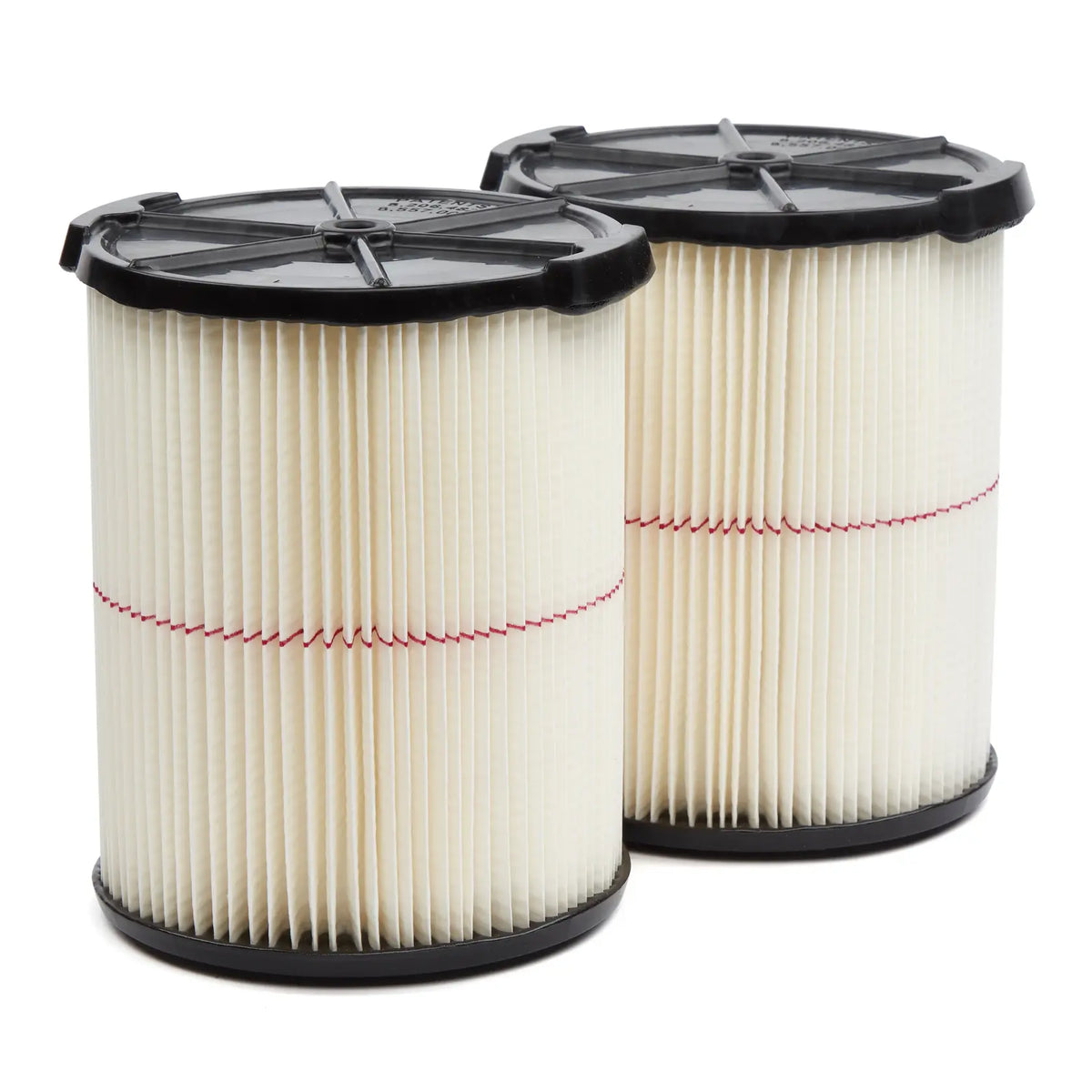 Two cylindrical pleated air filters with black plastic tops and bottoms, featuring a red horizontal line in the middle of the filter material.