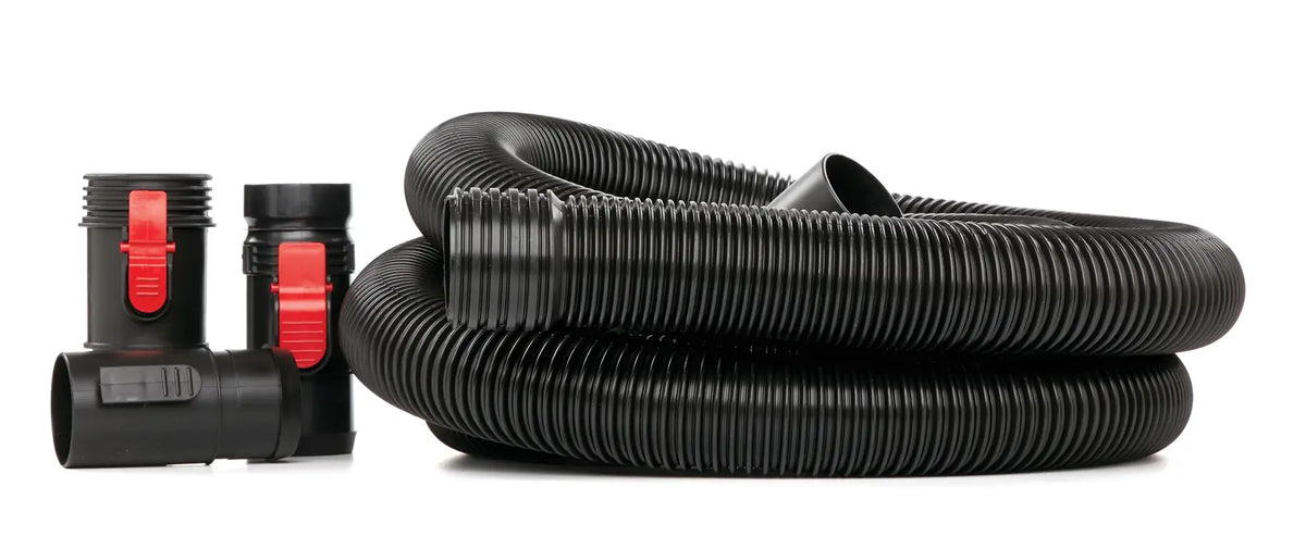 Craftsman black vacuum hose kit with red clips, SKU CMXZVBE38758, side view on white background.