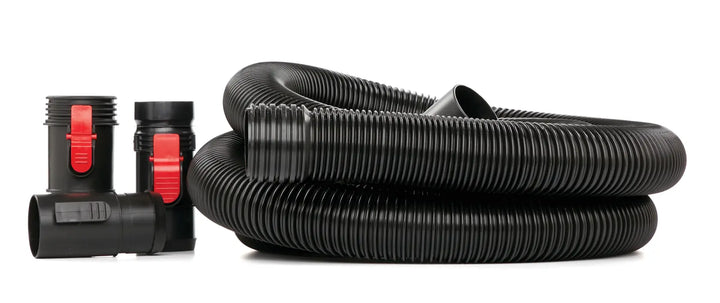 Craftsman black vacuum hose kit with red clips, SKU CMXZVBE38758, side view on white background.