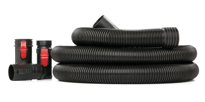 CRAFTSMAN black vacuum hose with two adapters, red clasps, coiled on white background, CMXZVBE38759.